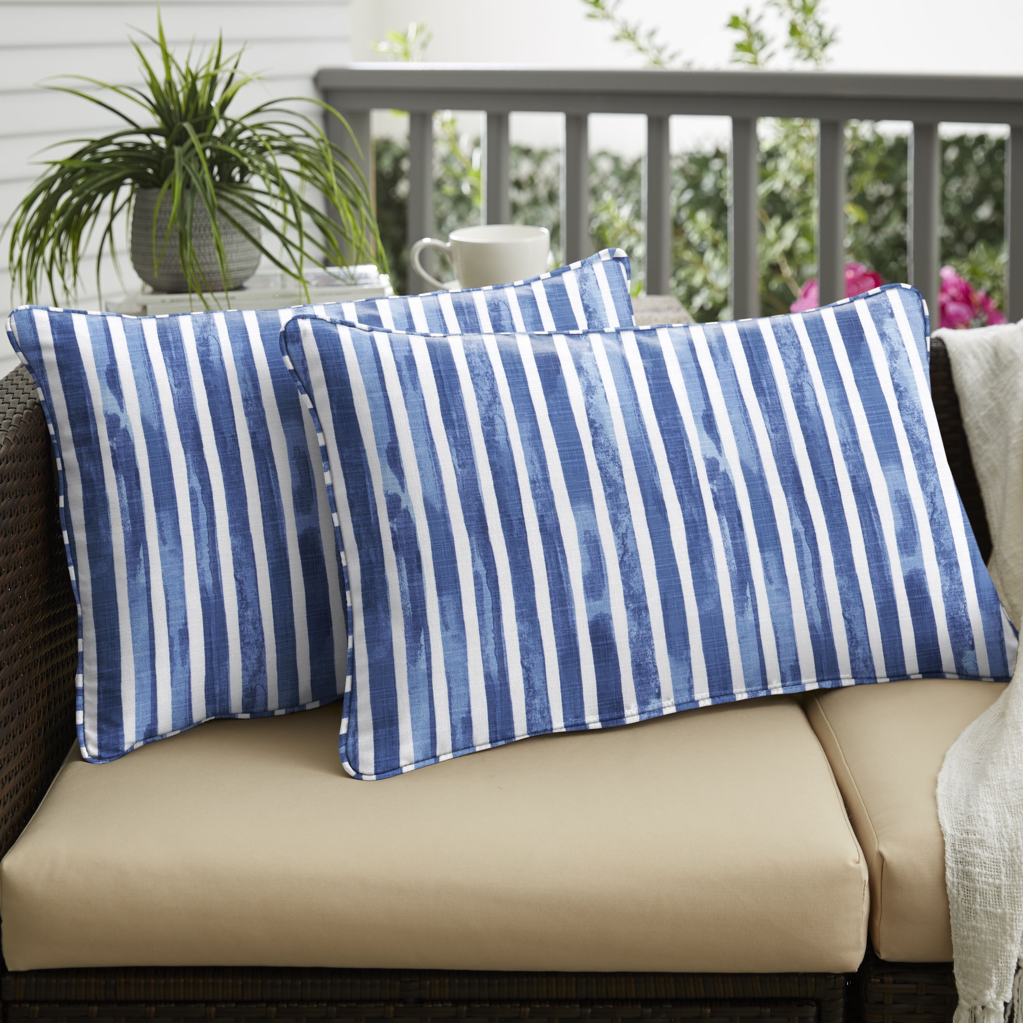 Sorra Home Blue and White Stripe Indoor Outdoor Corded Lumbar Pillows Set of 2 26 x 16 x 6 Nelson Commodore Blue